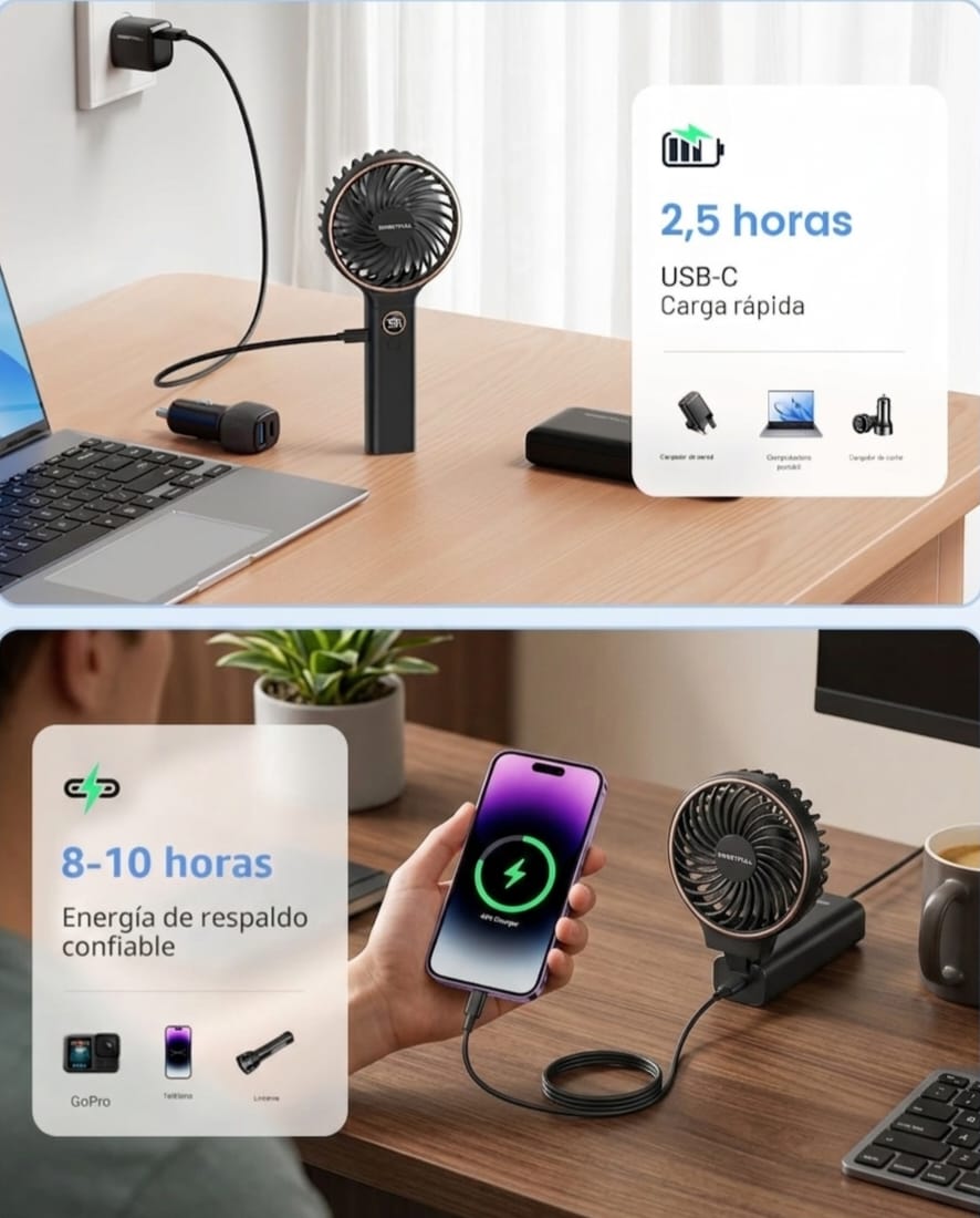 Power Bank digital y ventilador de mano